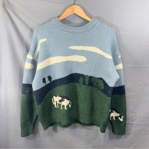 VAMTAC Sweater Womens Large Blue Green Landscape Scene Cow Graphic Knit Crewneck